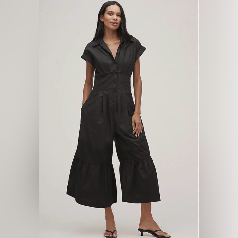 Anthropologie Black Short-Sleeve Wide-Leg Tiered Jumpsuit
